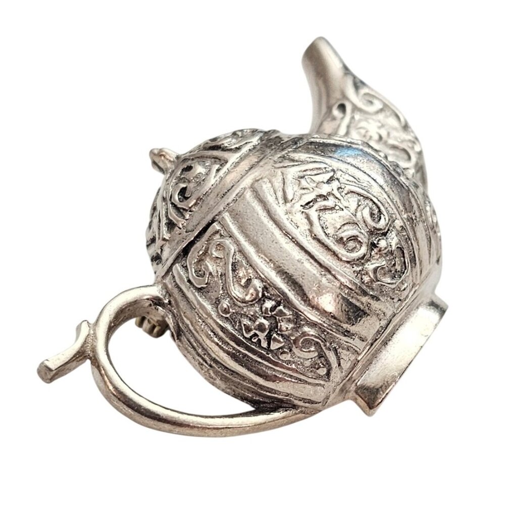 Sterling Silver Repousse Teapot Brooch Scroll Design Pin J379 View 4